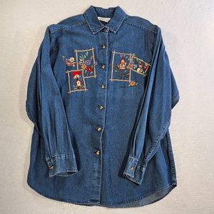 Vintage Casey & Max Women Denim Shirt Size M Blue Embroidered Floral Long Sleeve